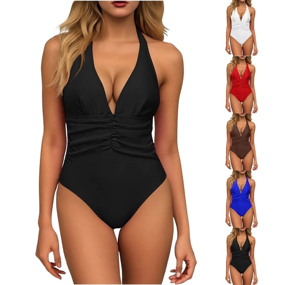 Mifsaly Tummy Control One Piece Swimsuit Women Deep V Neck Halter Bathing Suit Ruched Front Slim Fit Monokini Elegant Full Coverage Swimwear XL