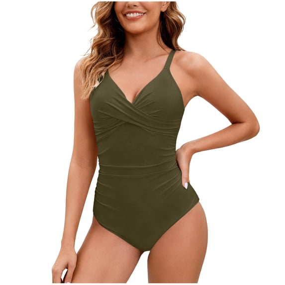Mifsaly Tummy Control One Piece Swimsuit Women V Neck Twist Front Bathing Suit Ruched Slim Fit Monokini Full Coverage Summer Vacation Pool Party Elegant Swimwear L