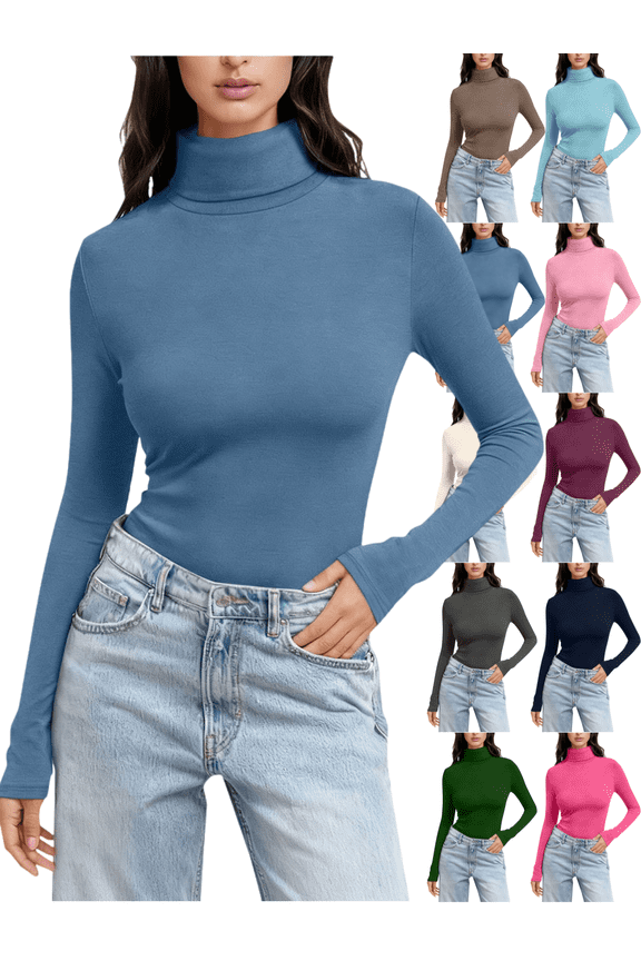 Turtle Necks Tops for Women Slim Fit Basic Layering Shirt Soft Stretch Mock Neck Blouse Going Out Winter Thermal Undershirts Tee Blue