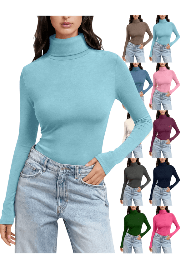 Turtle Necks Tops for Women Slim Fit Basic Layering Shirt Soft Stretch Mock Neck Blouse Going Out Winter Thermal Undershirts Tee Light Blue