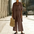 thumbnail image 1 of Mifsaly Two Piece Linen Sets for Women Open Front Long Cardigan and High Waisted Wide Leg Jumpsuits with Pockets Lightweight Flowy Summer Casual Vacation Matching Outfits Brown,XL, 1 of 8