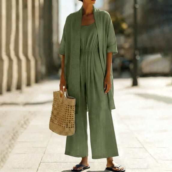 Mifsaly Two Piece Linen Sets for Women Open Front Long Cardigan and High Waisted Wide Leg Jumpsuits with Pockets Lightweight Flowy Summer Casual Vacation Matching Outfits Green,S