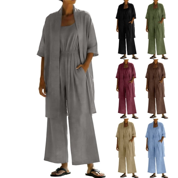 Mifsaly Two Piece Linen Sets for Women Open Front Long Cardigan and High Waisted Wide Leg Jumpsuits with Pockets Lightweight Flowy Summer Casual Vacation Matching Outfits Gray,XXL