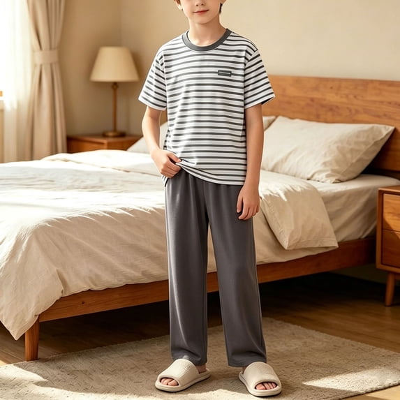 Mifsaly Two Piece Pajama Set for Girls Boys Striped Short Sleeve T-Shirt and Long Lounge Pants Soft Skin-Friendly Sleepwear Comfortable Nightwear