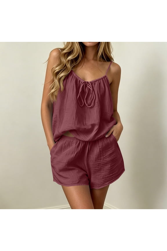 Two Piece Pajama Set for Women Flattering Cami Top and High Waisted Casual Shorts Cotton Linen Soft Breathable Home Sleepwear Wine,M