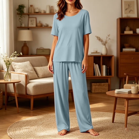 Mifsaly Two Piece Pajama Set for Women Short Sleeve Tops and Sleep Pants Comfortable Sleepwear Relaxed Fit Casual Nightwear Blue,XXXL