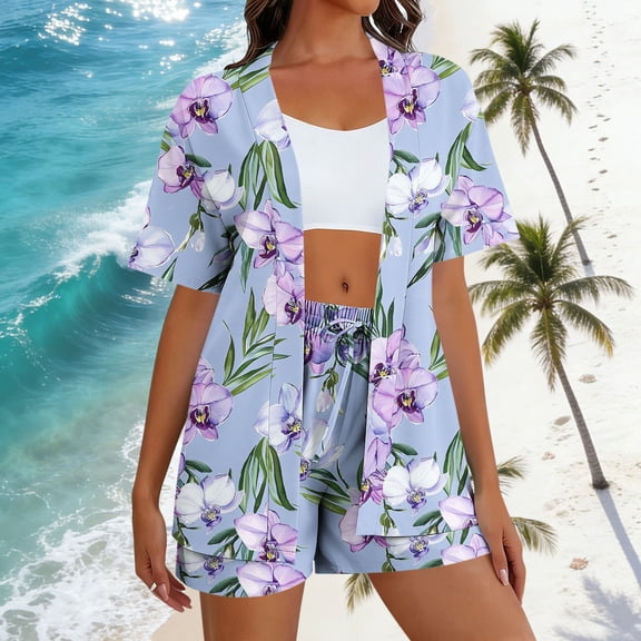 Mifsaly Two Piece Sets for Women Summer Tropical Print Vacation Beach Matching Clothing Oversized Short Sleeve Open Front Cardigan & Drawstring High Waisted Shorts