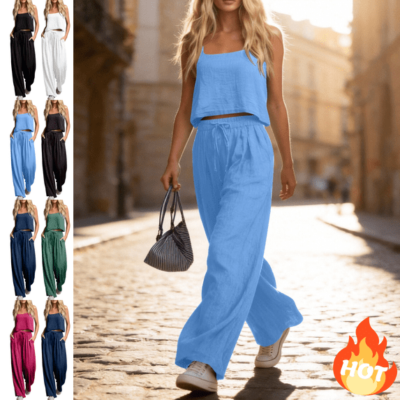 Mifsaly Two Piece Summer Sets for Women Linen Set Sleeveless Square Neck Tops Wide Leg Flowy Pants Lightweight Travel Vacation Outfits with Pockets S