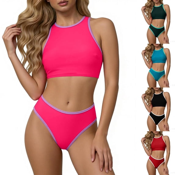 Mifsaly Two Piece Swimsuit for Women High Neck Athletic Bikini Set Contrast Piping Bathing Suit Racerback Athletic High Cut Swimwear 2026 L