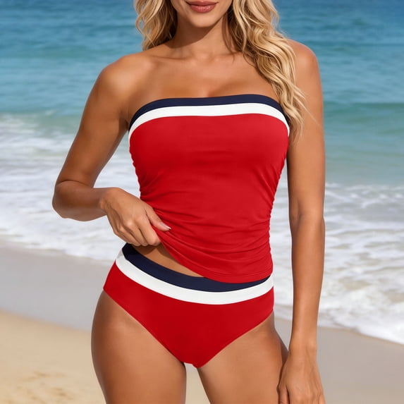 Mifsaly Two Piece Tankini Set Women Detachable Straps Strapless Top With Built In Bra Striped Trim Athletic Swimsuits Pool Beach Party Flattering Bathing Suit XL