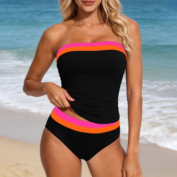 Mifsaly Two Piece Tankini Set Women Detachable Straps Strapless Top With Built In Bra Striped Trim Athletic Swimsuits Pool Beach Party Flattering Bathing Suit M