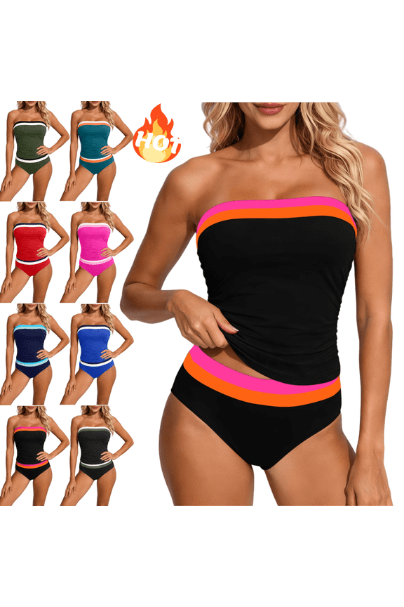 Two Piece Tankini Set Women Detachable Straps Strapless Top With Built In Bra Striped Trim Athletic Swimsuits Pool Beach Party Flattering Bathing Suit XL