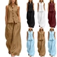 thumbnail image 1 of Mifsaly Two Piece Vacation Sets for Women Sleeveless Button Down Shirt and High Waisted Wide Leg Palazzo Pants Lightweight Flowy Summer Matching Lounge Outfits with Pockets Brown,XL, 1 of 7