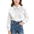 thumbnail image 1 of Mifsaly Uniform Shirts Girls Rhinestone Beaded Collar Blouses Ruffle Trim Long Sleeve Button Down Dress Shirt Kids Elegant formal Party School Clothes, 1 of 6