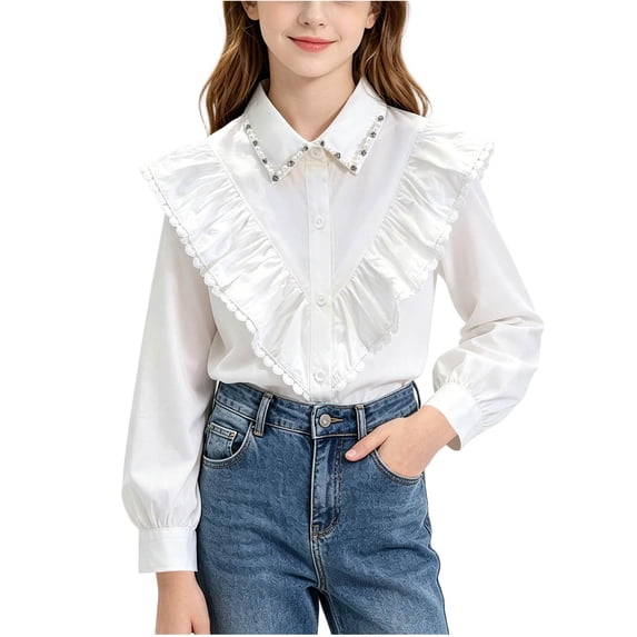 Mifsaly Uniform Shirts Girls Rhinestone Beaded Collar Blouses Ruffle Trim Long Sleeve Button Down Dress Shirt Kids Elegant formal Party School Clothes