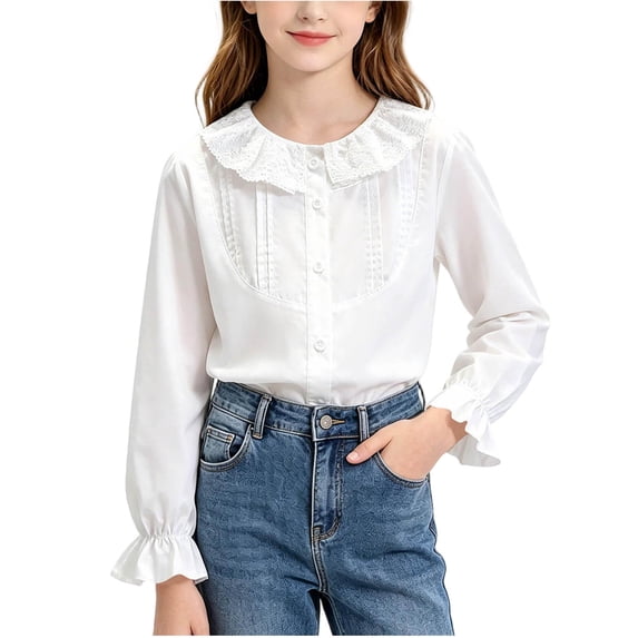 Mifsaly Uniform Shirts Girls Rhinestone Beaded Collar Blouses Ruffle Trim Long Sleeve Button Down Dress Shirt Kids Elegant formal Party School Clothes