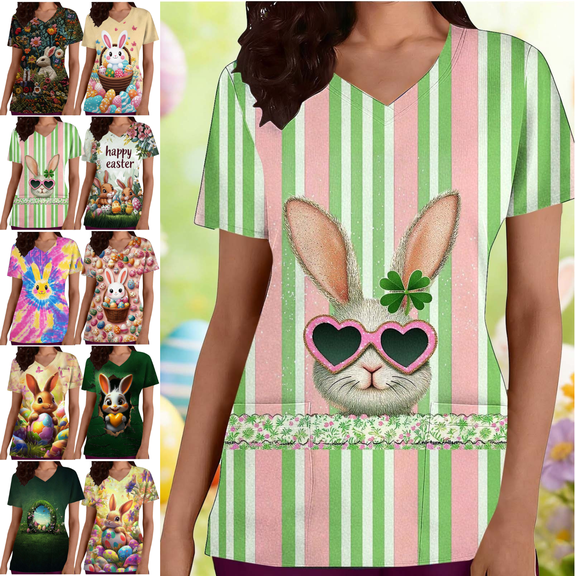 Mifsaly V-Neck Short Sleeve Scrub Tops Women Vintage Funny Bunny Eggs Graphic Easter Shirt Comfortable Healthcare Nursing Uniforms Festival Officewear with Pockets XL