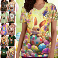 thumbnail image 1 of Mifsaly V-Neck Short Sleeve Scrub Tops Women Vintage Funny Bunny Eggs Graphic Easter Shirt Comfortable Healthcare Nursing Uniforms Festival Officewear with Pockets XXL, 1 of 6