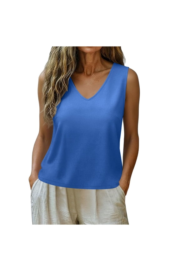 V Neck Tank Tops for Women Sleeveless Summer Casual Blouses Flowy Loose Fit Shell Top Lightweight Breathable Home Wear office Travel Shirts Blue,S