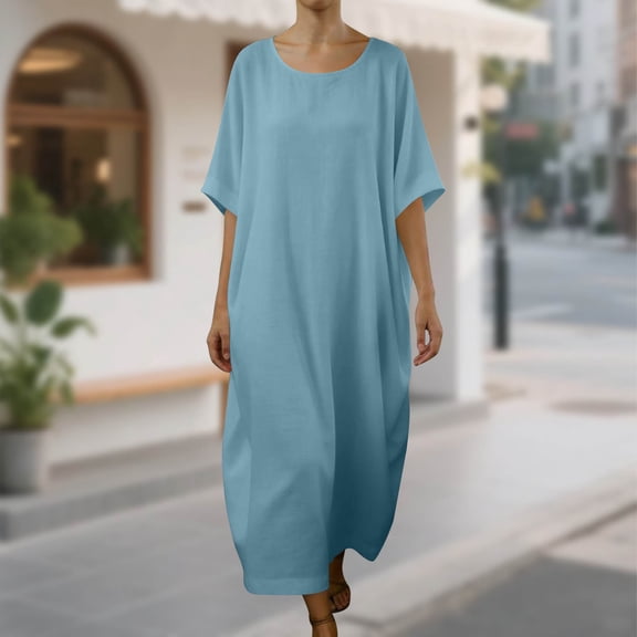 Mifsaly Vacation Dress Women Linen Dresses Oversized Lightweight Short Sleeve Maxi Dress Travel Beach Summer Outfits S