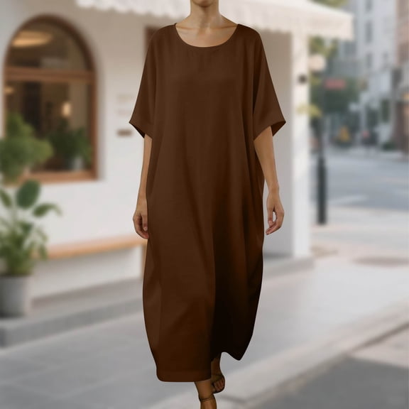 Mifsaly Vacation Dress Women Linen Dresses Oversized Lightweight Short Sleeve Maxi Dress Travel Beach Summer Outfits S