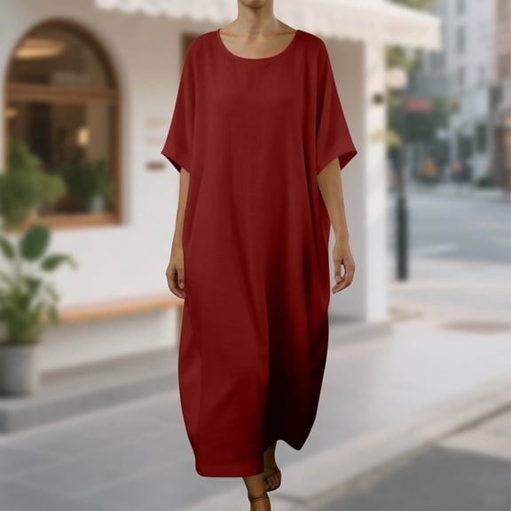 Mifsaly Vacation Dress Women Linen Dresses Oversized Lightweight Short Sleeve Maxi Dress Travel Beach Summer Outfits S