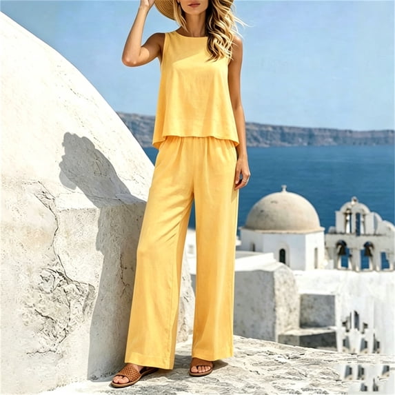 Mifsaly Vacation Outfits for Women 2 Piece Set Sleeveless Crewneck Top and Loose Wide Leg Pants Lightweight Flowy Casual Summer Beach Matching Clothes Yellow,L