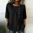 thumbnail image 1 of Mifsaly Vacation Tops for Women Button Down Short Sleeve Linen Shirts with Drawstring Hem Lightweight Flowy Loose Fit Textured Summer Boho Clothes Black,S, 1 of 7