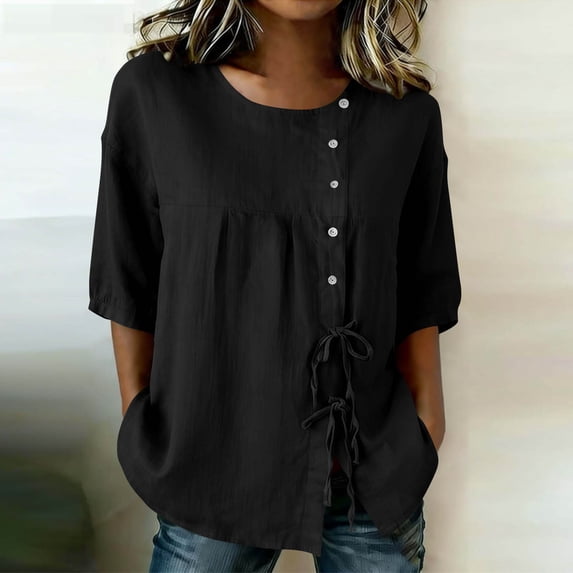 Mifsaly Vacation Tops for Women Button Down Short Sleeve Linen Shirts with Drawstring Hem Lightweight Flowy Loose Fit Textured Summer Boho Clothes Black,S