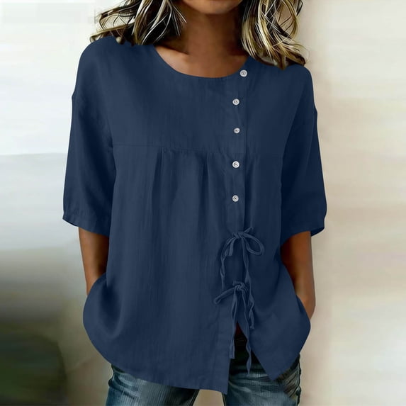 Mifsaly Vacation Tops for Women Button Down Short Sleeve Linen Shirts with Drawstring Hem Lightweight Flowy Loose Fit Textured Summer Boho Clothes Blue,L
