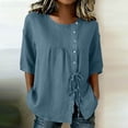 thumbnail image 1 of Mifsaly Vacation Tops for Women Button Down Short Sleeve Linen Shirts with Drawstring Hem Lightweight Flowy Loose Fit Textured Summer Boho Clothes Navy,L, 1 of 7