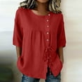 thumbnail image 1 of Mifsaly Vacation Tops for Women Button Down Short Sleeve Linen Shirts with Drawstring Hem Lightweight Flowy Loose Fit Textured Summer Boho Clothes Red,L, 1 of 7