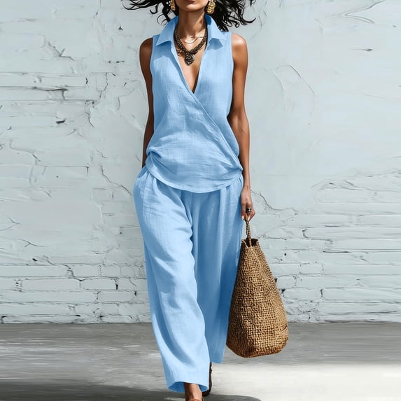 Mifsaly Vacation Two Piece Sets for Women Wrap V-Neck Flowy Tank Top and High Waisted Wide Leg Pants Flowy Casual Summer Lounge Matching Outfits with Pockets Sky Blue,XL