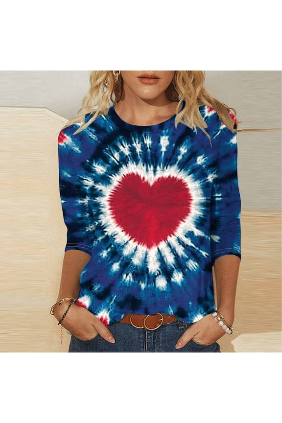 Valentine Shirts for Women 3/4 Sleeve Hearts Print Shirts Striped Loose Tunic Crewneck T-Shirts Cozy Breathable Pullover Tops Girlfriend Gifts Festival Fashion Blouse 2026