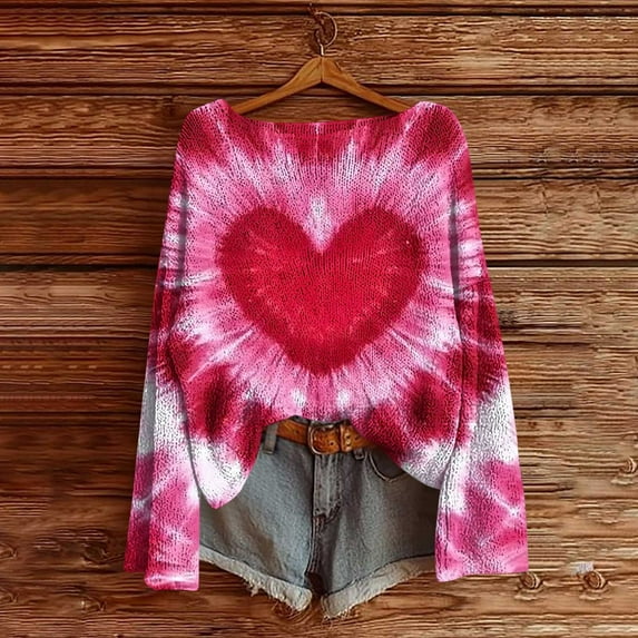 Mifsaly Valentine Sweatshirts for Women Cotton Bright Heart Print Pullover Tops Sweaters Festival Girlfriend Gifts Crewneck Long Sleeve Sweatshirt Festival Funny Party Outfits S