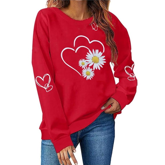 Mifsaly Valentine's Day Sweatshirt Women Heart Print Shirts Long Sleeve Crewneck Vacation Tops Funny Party Oversized Tshirts Spring Fall Clothes