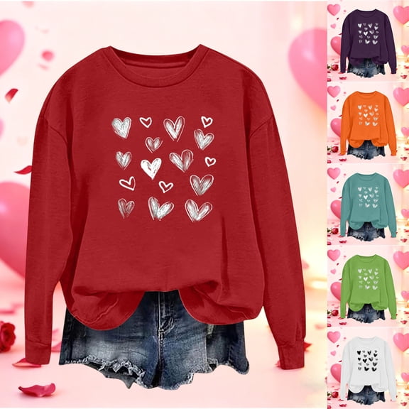 Mifsaly Valentine's Day Sweatshirt Women Long Sleeve Heart Print Shirt 2026 Oversized Crewneck Pullover Tops Casual Loose Party Spring Outfits
