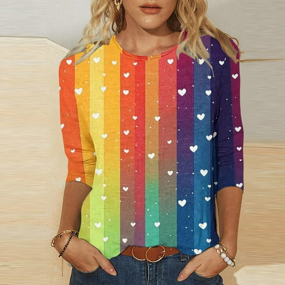 Mifsaly Valentines Day Shirts Women Crewneck 3/4 Sleeve Blouse Plus Size Loose Tunic Heart Print Tshirts Funny Festival Girlfriend Gifts Pullover Tops Fashion Baggy Daily Spring Summer Outfits XXXL