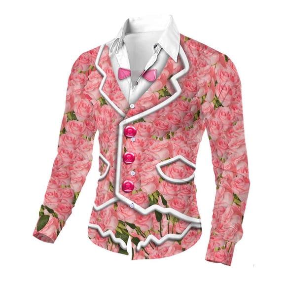 Mifsaly Valentines Long Sleeve Shirt Men Red Valentine Shirts Button Down Heart T-Shirts Collared Floral Print Vacation Tops with Girlfriend Wife Date Outfits L