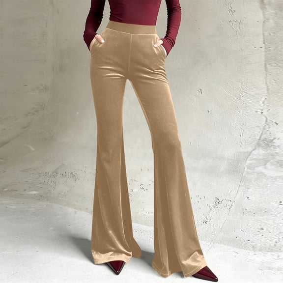 Mifsaly Velvet Flare Pants for Women High Waisted Pant formal Business Comfy Velour Work Trousers Going Out Spring Summer Outfits with Pockets