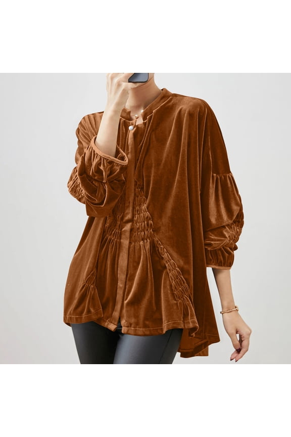 Velvet Shirt Women Oversized Pleated Long Sleeve Velour Blouse Asymmetrical Hem Elegant Tops Business Going Out T-Shirts Comfortable Dressy Casual Work Spring Fall Outfits L