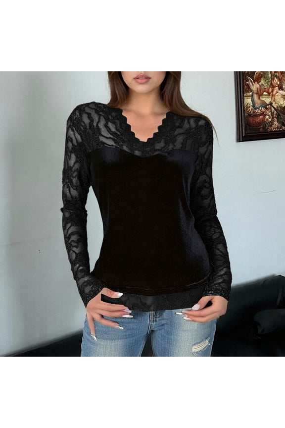 Velvet Shirt Women Patchwork Lace V-Neck Velour Blouse Long Sleeve Elegant Slim Fit Elegant Tops Going Out Business T-Shirts Fashion Spring Fall Outfits L