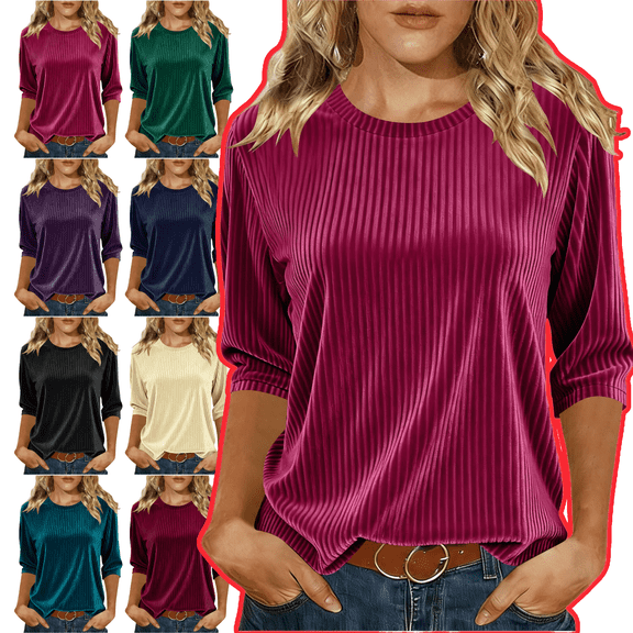 Mifsaly Velvet Tops for Women Business Elegant Ribbed 3/4 Sleeve Velour Blouse Loose Tunic Crewneck Pullover Top Festival Party Fashion T-Shirts Work Travel Shirt Hot M