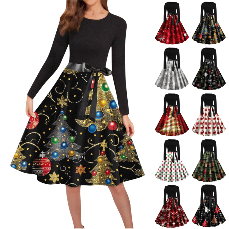 bright holiday dresses Mifsaly Vintage Christmas Women Long Sleeve Crewneck Elegant Cocktail Dress Xmas Party Tunic Evening Gowns 2025 Snowflake Print Festival Outfits with Belt type:Casual Shirts