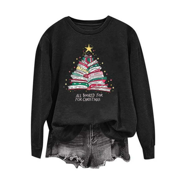 Mifsaly Vintage Christmas Sweatshirt Long Sleeve Xmas Tree Print Pullover Tops Crew Neck Loose Fit Funny Shirts Holiday Party Lounge Blouse 2025