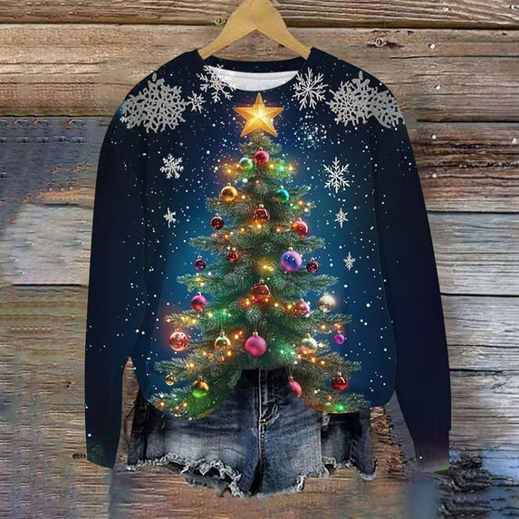 Mifsaly Vintage Christmas Sweatshirt for Women Xmas Tree Print Oversized Long Sleeve Pullover Tops Crewneck Drop Shoulder Loose Shirts Funny Gifts 2025 Holiday Festival Party Blouse