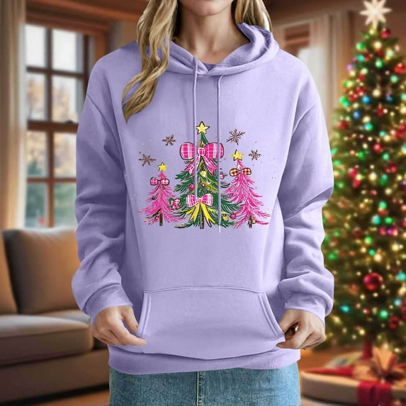 Mifsaly Vintage Christmas Sweatshirt Women Xmas Trees Printed Long Sleeve Hoodie Loose Hooded Funny Pullover Tops Drop Shoulder Holiday Party Outerwear with Pocket 2025 Festival