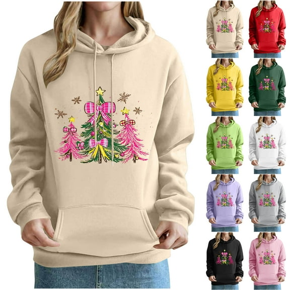 Mifsaly Vintage Christmas Sweatshirt Women Xmas Trees Printed Long Sleeve Hoodie Loose Hooded Funny Pullover Tops Drop Shoulder Holiday Party Outerwear with Pocket 2025 Festival