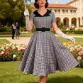 thumbnail image 1 of Mifsaly Vintage Plaid Dress Women 1950S V Neck Short Sleeve A Line Dresses Belted Elegant Wedding Guest Evening Party Gowns L, 1 of 9