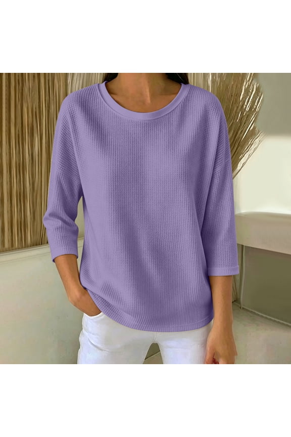Waffle Knit Tops for Women Crewneck 3/4 Sleeve Shirts Loose Fit Lightweight Pullover Blouses Comfy Casual Fashion Fall Winter Clothes Purple,S